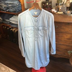 J Crew Long Sleeve Denim Popover Collarless Shirt Dress Mandarin Collar